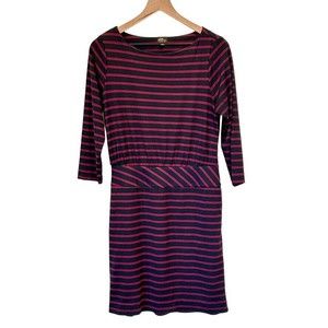 LL Bean Knit Dress Sz 4 / Small Burgundy Navy Stripes 3/4 Sleeve Defined Waist